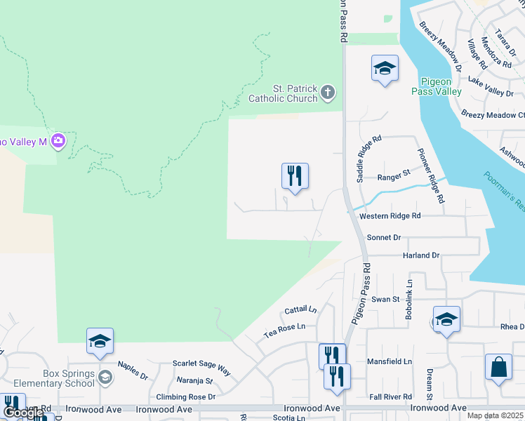 map of restaurants, bars, coffee shops, grocery stores, and more near 22600 Echo Lake Road in Moreno Valley