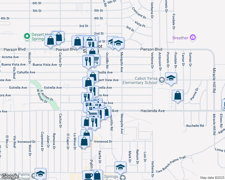map of restaurants, bars, coffee shops, grocery stores, and more near 66642 Estrella Avenue in Desert Hot Springs
