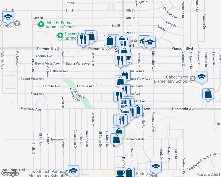 map of restaurants, bars, coffee shops, grocery stores, and more near 66366 Estrella Avenue in Desert Hot Springs
