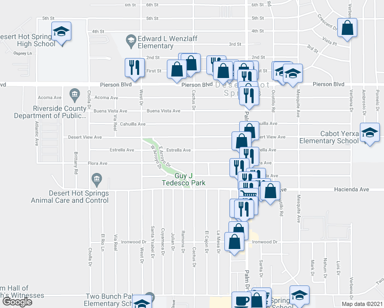 map of restaurants, bars, coffee shops, grocery stores, and more near 66212 Estrella Avenue in Desert Hot Springs