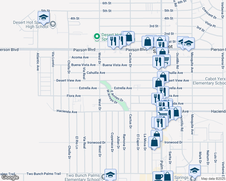 map of restaurants, bars, coffee shops, grocery stores, and more near 66114 Estrella Avenue in Desert Hot Springs