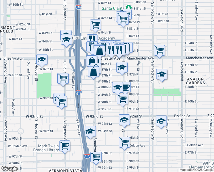 map of restaurants, bars, coffee shops, grocery stores, and more near 212 West 88th Street in Los Angeles