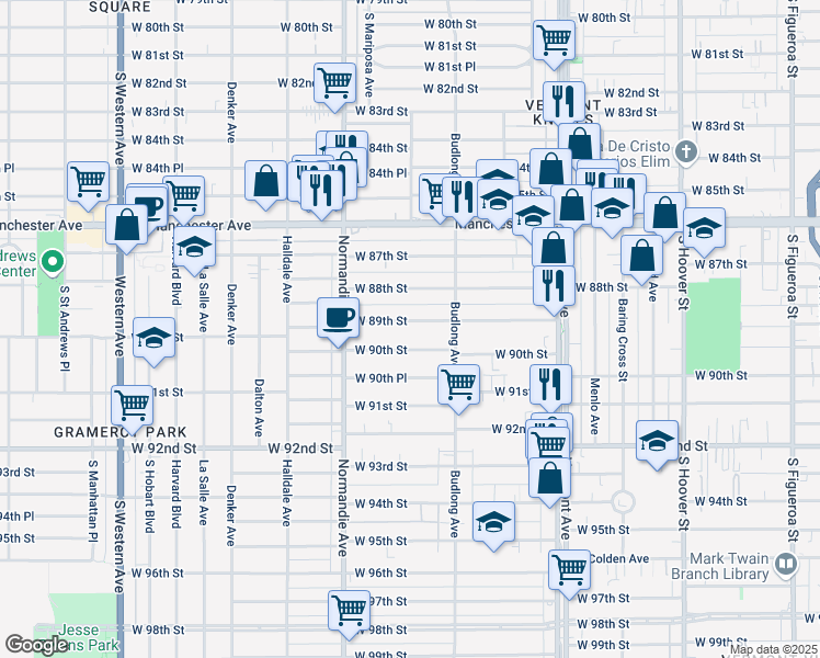 map of restaurants, bars, coffee shops, grocery stores, and more near 1241 West 89th Street in Los Angeles