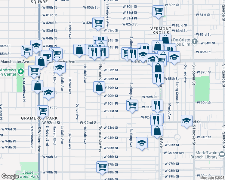 map of restaurants, bars, coffee shops, grocery stores, and more near 1323 West 89th Street in Los Angeles