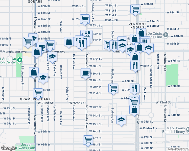 map of restaurants, bars, coffee shops, grocery stores, and more near 1323 West 89th Street in Los Angeles