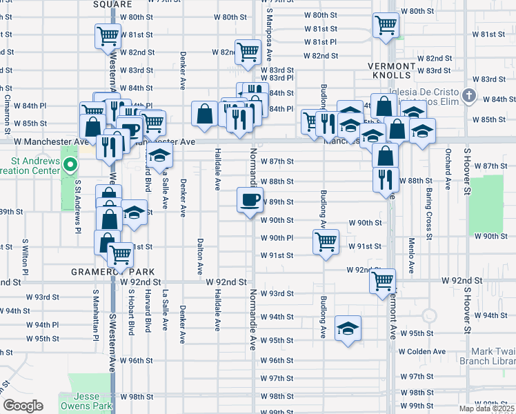 map of restaurants, bars, coffee shops, grocery stores, and more near 8867 Normandie Avenue in Los Angeles