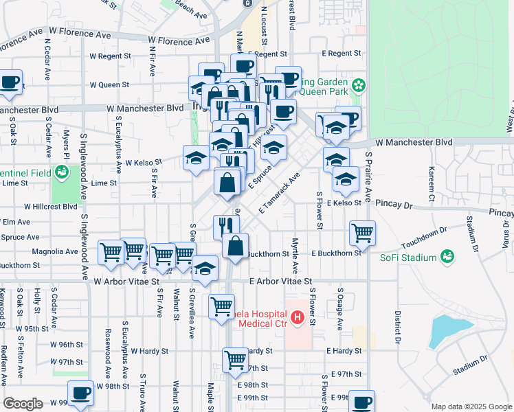 map of restaurants, bars, coffee shops, grocery stores, and more near in Inglewood