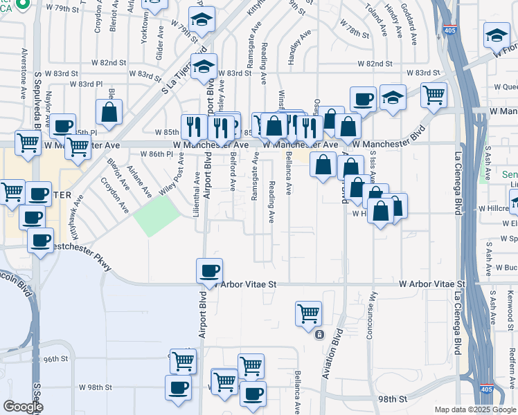 map of restaurants, bars, coffee shops, grocery stores, and more near 8827 Ramsgate Avenue in Los Angeles