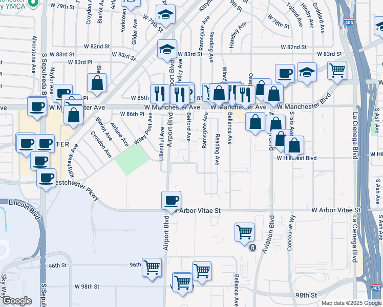 map of restaurants, bars, coffee shops, grocery stores, and more near 8735 Belford Avenue in Los Angeles