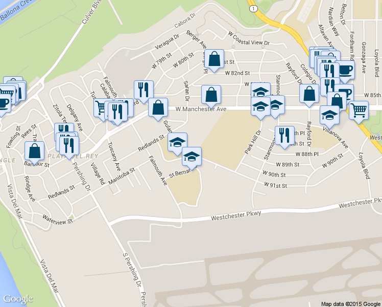 map of restaurants, bars, coffee shops, grocery stores, and more near 8650 Gulana Avenue in Los Angeles
