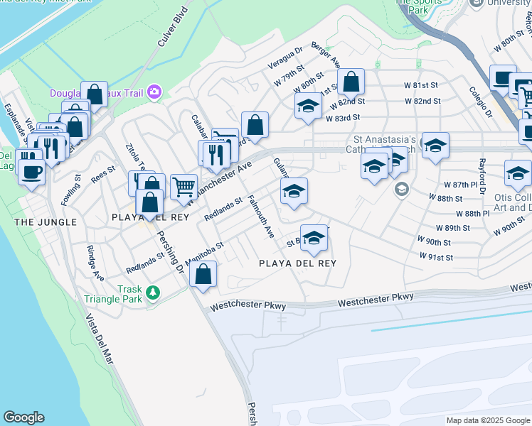 map of restaurants, bars, coffee shops, grocery stores, and more near 8050 Redlands Street in Los Angeles