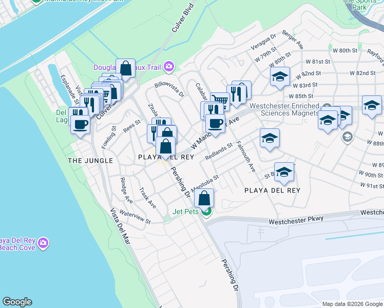 map of restaurants, bars, coffee shops, grocery stores, and more near 8306 West Manchester Avenue in Los Angeles