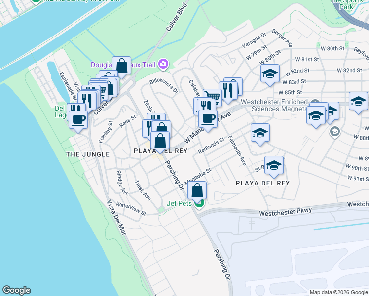 map of restaurants, bars, coffee shops, grocery stores, and more near 8236 West Manchester Avenue in Los Angeles