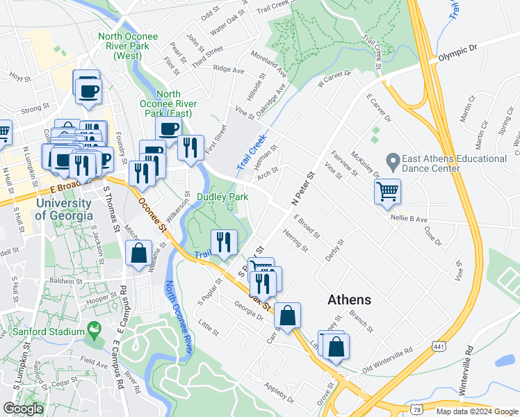 map of restaurants, bars, coffee shops, grocery stores, and more near in Athens