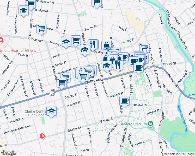 map of restaurants, bars, coffee shops, grocery stores, and more near 157 North Newton Street in Athens