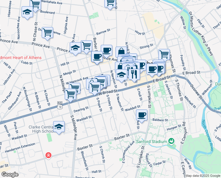 map of restaurants, bars, coffee shops, grocery stores, and more near 157 North Newton Street in Athens