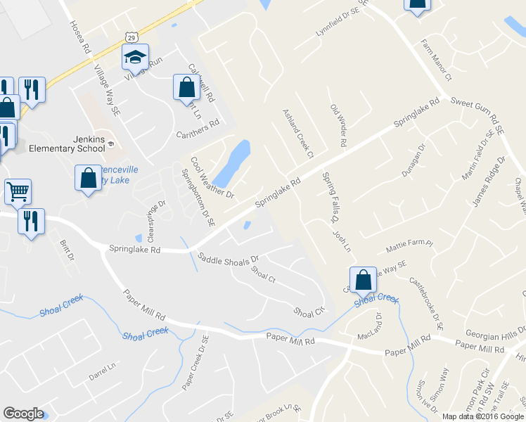 map of restaurants, bars, coffee shops, grocery stores, and more near 493 Marsh Lake Road Southeast in Lawrenceville