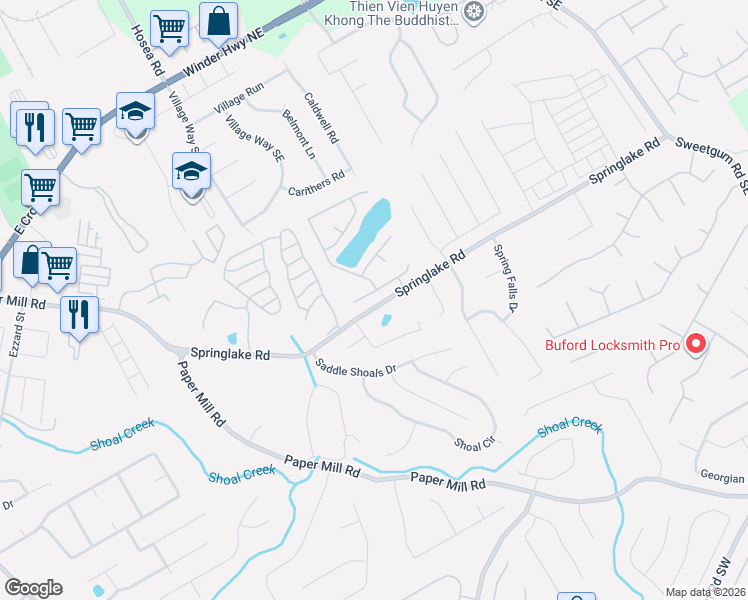 map of restaurants, bars, coffee shops, grocery stores, and more near 423 Marsh Lake Road Southeast in Lawrenceville