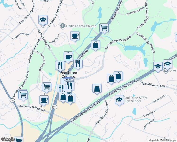 map of restaurants, bars, coffee shops, grocery stores, and more near 5913 Oxford Chase Circle in Peachtree Corners