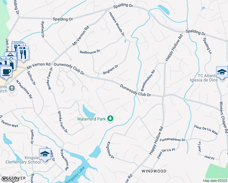 map of restaurants, bars, coffee shops, grocery stores, and more near Waterford Court Northeast in Sandy Springs