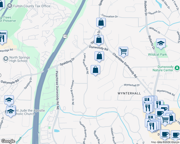 map of restaurants, bars, coffee shops, grocery stores, and more near 7385 Twin Branch Road Northeast in Atlanta