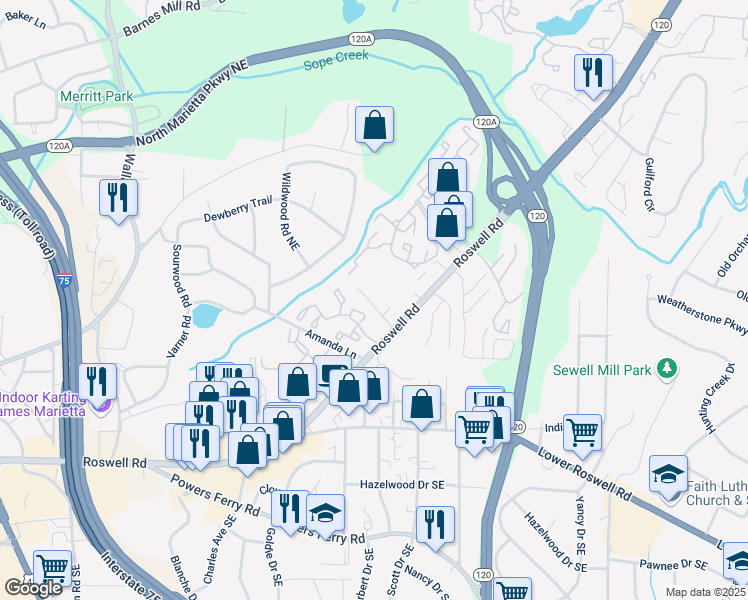 map of restaurants, bars, coffee shops, grocery stores, and more near in Marietta