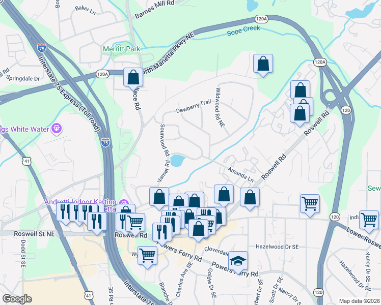 map of restaurants, bars, coffee shops, grocery stores, and more near 245 Stoneybrook Drive in Marietta