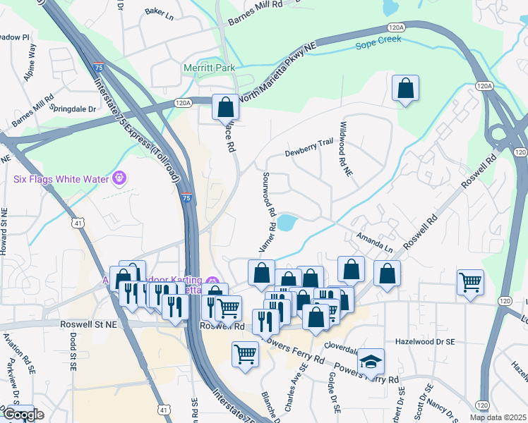 map of restaurants, bars, coffee shops, grocery stores, and more near 224 Sourwood Road in Marietta