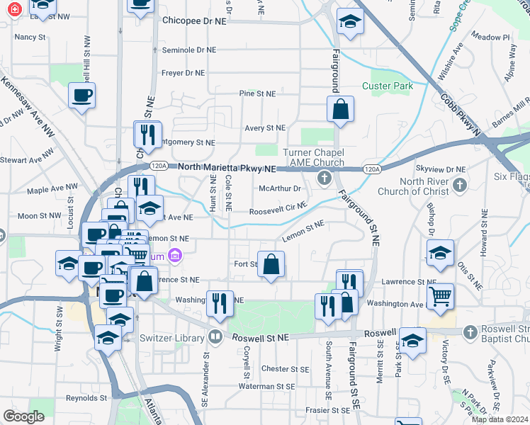 map of restaurants, bars, coffee shops, grocery stores, and more near 365 Roosevelt Circle Northeast in Marietta