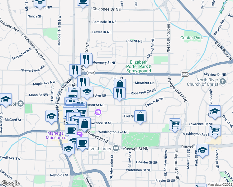map of restaurants, bars, coffee shops, grocery stores, and more near 220 Hunt Street Northeast in Marietta