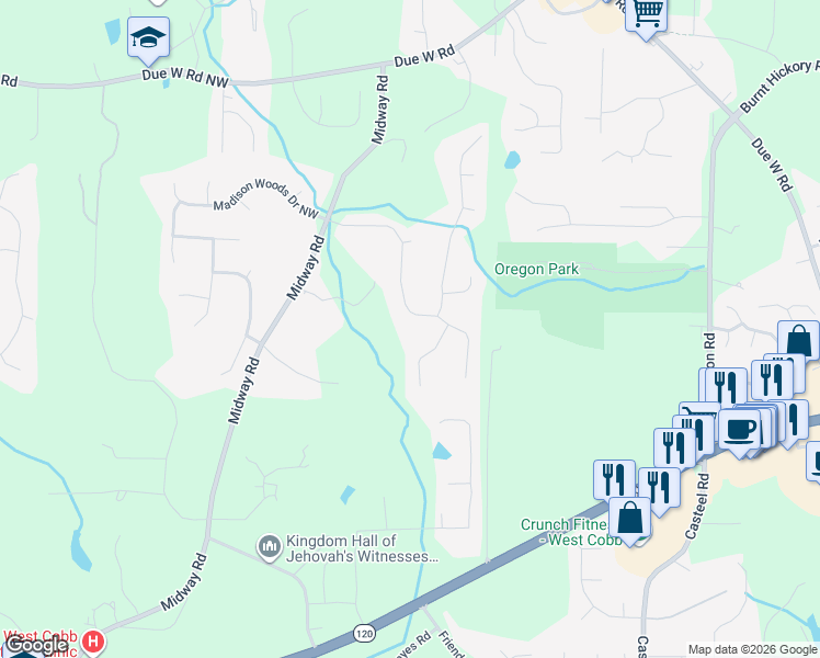 map of restaurants, bars, coffee shops, grocery stores, and more near 4279 Bristlecone Drive Northwest in Marietta
