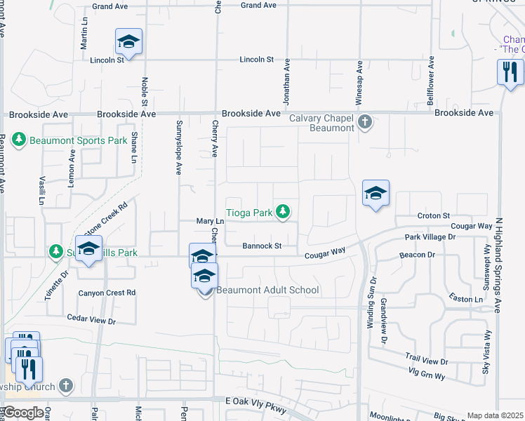 map of restaurants, bars, coffee shops, grocery stores, and more near 1664 Milford Way in Beaumont