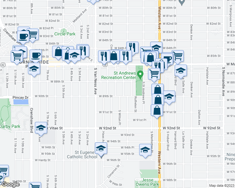 map of restaurants, bars, coffee shops, grocery stores, and more near 8850 South Wilton Place in Los Angeles