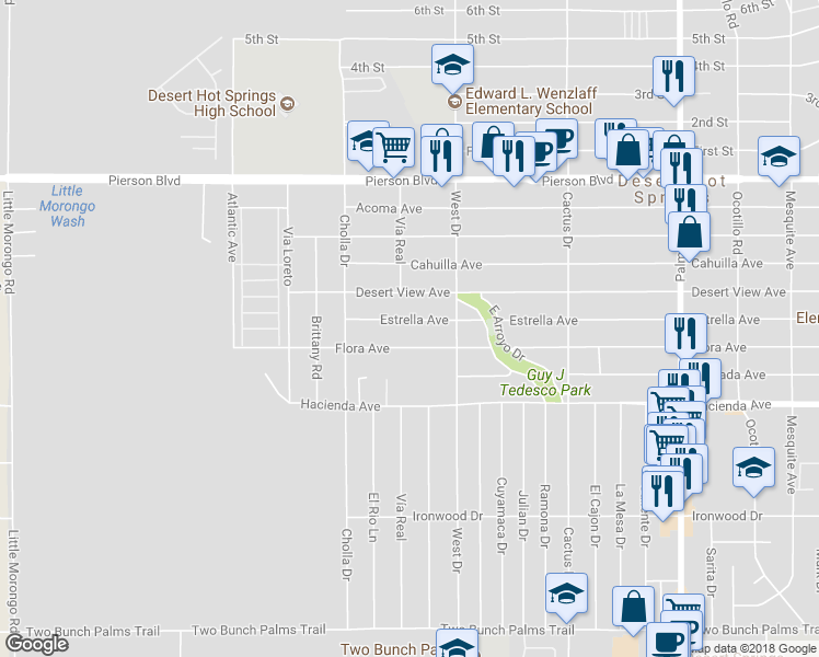 map of restaurants, bars, coffee shops, grocery stores, and more near 65877 Estrella Avenue in Desert Hot Springs