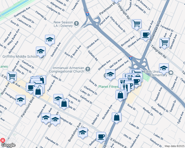map of restaurants, bars, coffee shops, grocery stores, and more near 9517 Stoakes Avenue in Downey