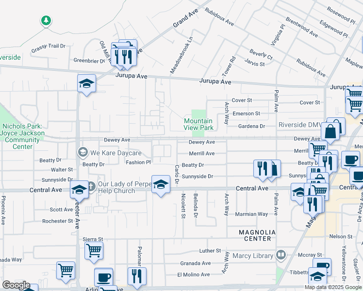 map of restaurants, bars, coffee shops, grocery stores, and more near 4886 Dewey Avenue in Riverside
