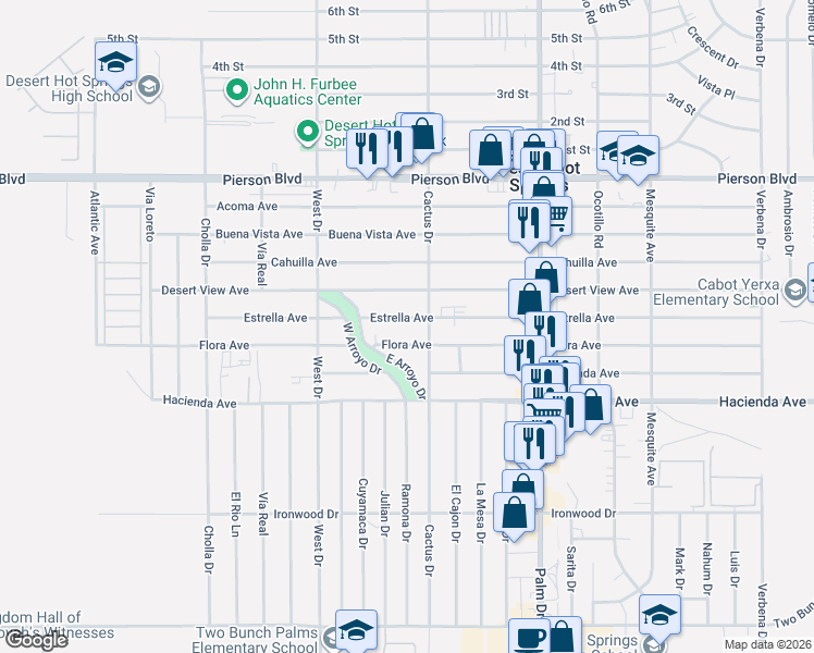 map of restaurants, bars, coffee shops, grocery stores, and more near 66201 Estrella Avenue in Desert Hot Springs