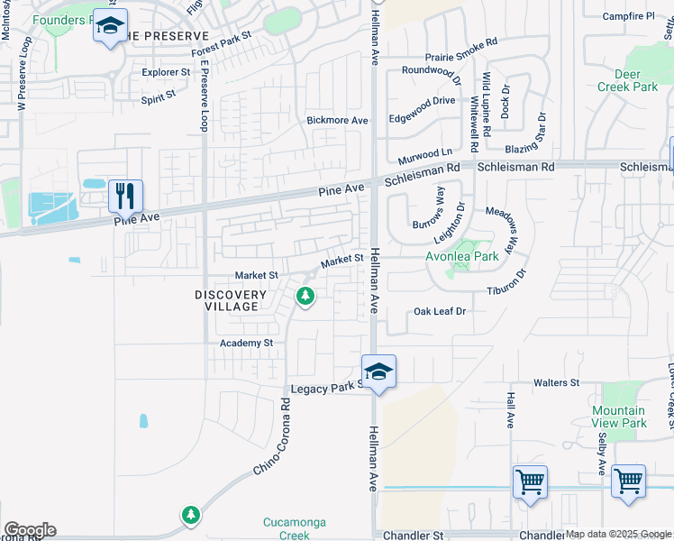 map of restaurants, bars, coffee shops, grocery stores, and more near 8787 Wanderlin Place in Chino