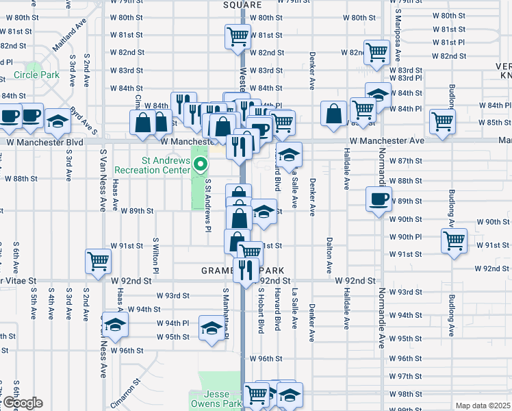 map of restaurants, bars, coffee shops, grocery stores, and more near 8779 South Hobart Boulevard in Los Angeles