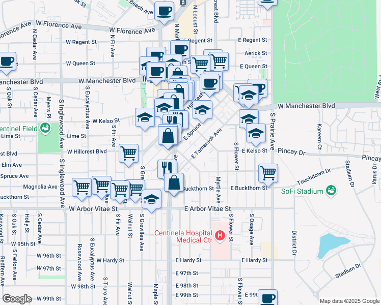 map of restaurants, bars, coffee shops, grocery stores, and more near 211 East Tamarack Avenue in Inglewood