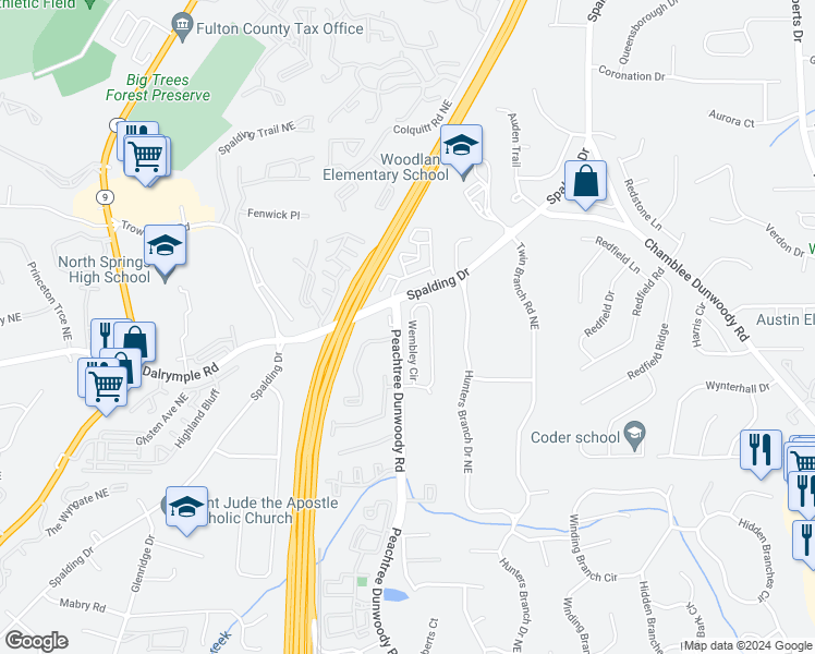 map of restaurants, bars, coffee shops, grocery stores, and more near 310 Wembley Circle in Atlanta