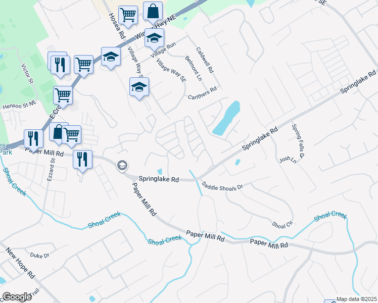 map of restaurants, bars, coffee shops, grocery stores, and more near 130 Springbottom Drive Southeast in Lawrenceville