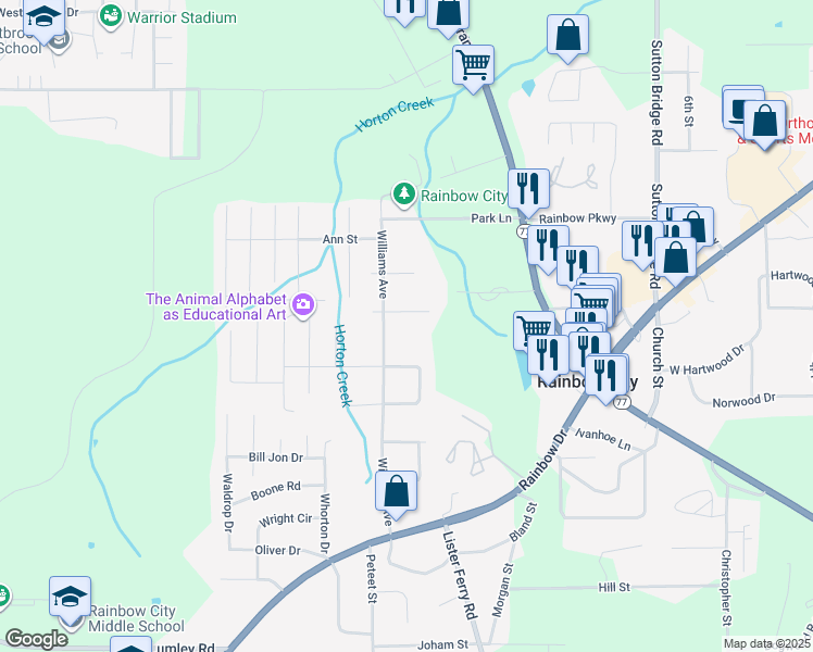 map of restaurants, bars, coffee shops, grocery stores, and more near 101 Ilene Street in Rainbow City