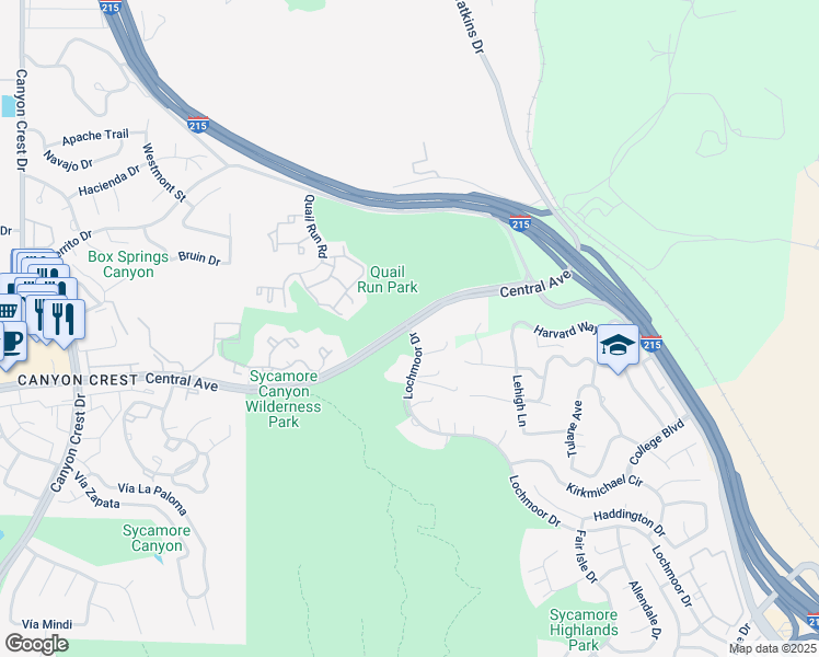 map of restaurants, bars, coffee shops, grocery stores, and more near 5800 Lochmoor Drive in Riverside