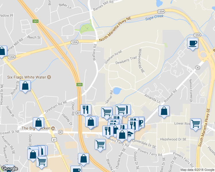 map of restaurants, bars, coffee shops, grocery stores, and more near 224 Sourwood Road in Marietta