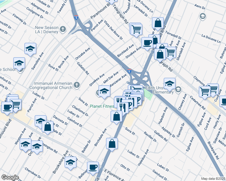 map of restaurants, bars, coffee shops, grocery stores, and more near 9229 Brookshire Avenue in Downey