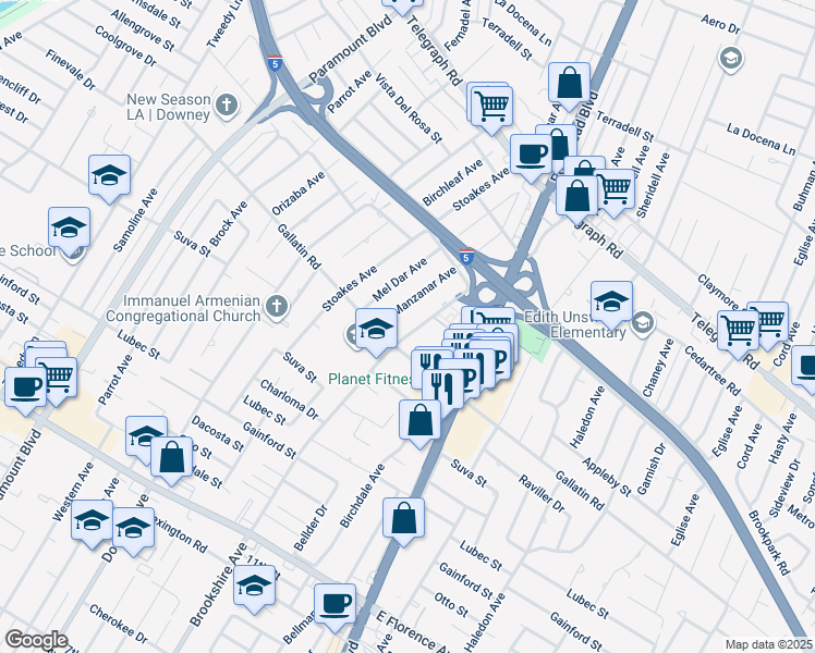 map of restaurants, bars, coffee shops, grocery stores, and more near 9229 Brookshire Avenue in Downey