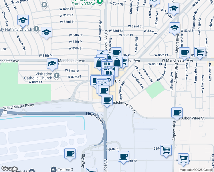 map of restaurants, bars, coffee shops, grocery stores, and more near 8800 South Sepulveda Boulevard in Los Angeles
