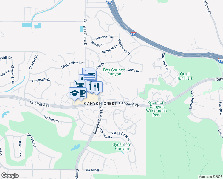 map of restaurants, bars, coffee shops, grocery stores, and more near 573 Vía Pueblo in Riverside