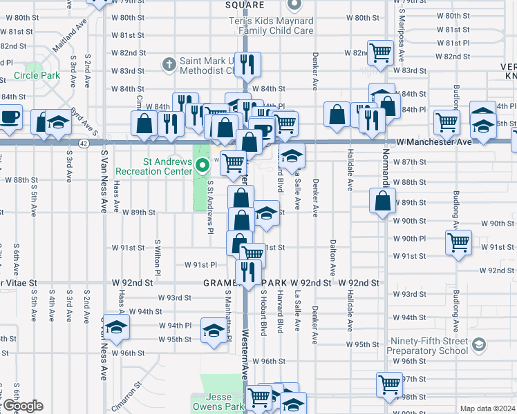map of restaurants, bars, coffee shops, grocery stores, and more near 8779 South Hobart Boulevard in Los Angeles